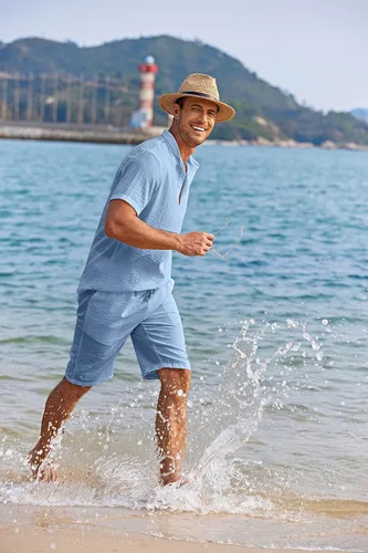 Miniatura 7 de COOFANDY Conjunto de 2 piezas de lino para hombre, camisas Henley casuales de manga corta, pantalones cortos de yoga para la playa, pantalones