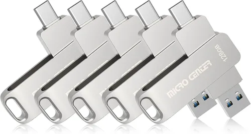Micro Center SuperSpeed - Paquete de 5 unidades de 128 GB USB 3.2 Gen 1 Tipo-C, OTG tipo A, unidad flash giratoria de metal para almacenamiento de
