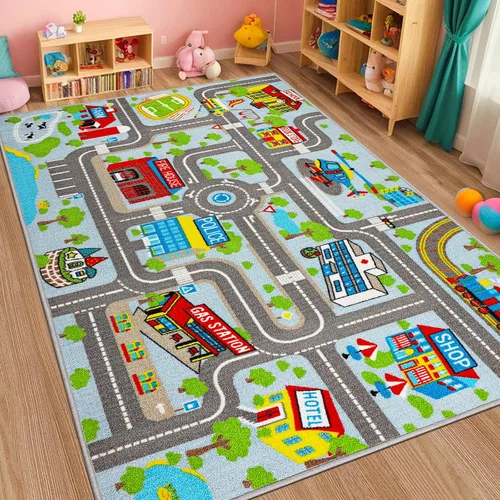 Miniatura 11 de Alfombra de juego para niños de 6.6 x 5.0 pies, alfombra azul para niños para autos de juguete, alfombra antideslizante de mapa de la ciudad