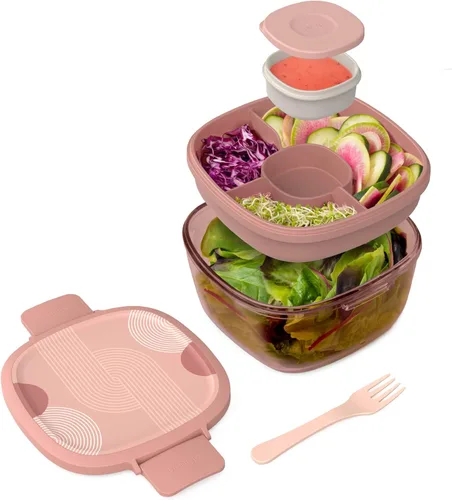 Miniatura 10 de Bentgo Recipiente de Ensalada de Vidrio Todo en Uno - Ensaladera Grande de 61 oz con Tapa, Bandeja Estilo Bento de 4 Compartimentos, Recipiente