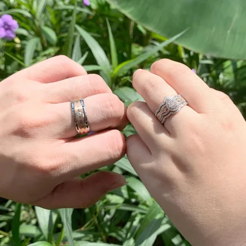 Miniatura 9 de Newshe Jewellery Juego de anillos de boda para él y ella, AAAAA, circonita cúbica, bandas de tungsteno para hombre y mujer, plata de ley 925, oro