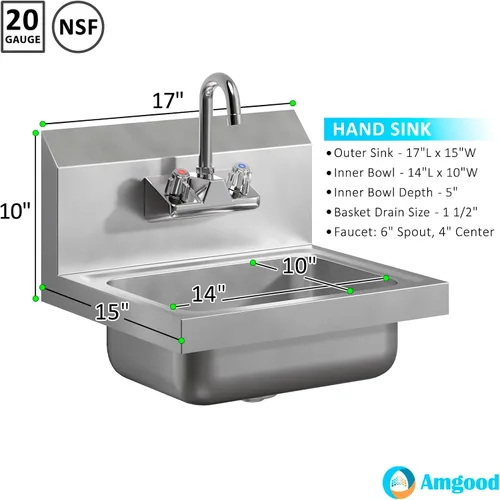 Miniatura 3 de AmGood Fregadero de mano montado en la pared con grifo de cuello de cisne 17" x 15