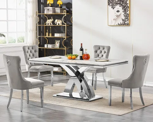 Miniatura 39 de Juego de mesa de comedor de mármol de lujo de 70 pulgadas para 4, juegos de mesa de cocina blanco y dorado para 4, mesa de comedor moderna de mármol