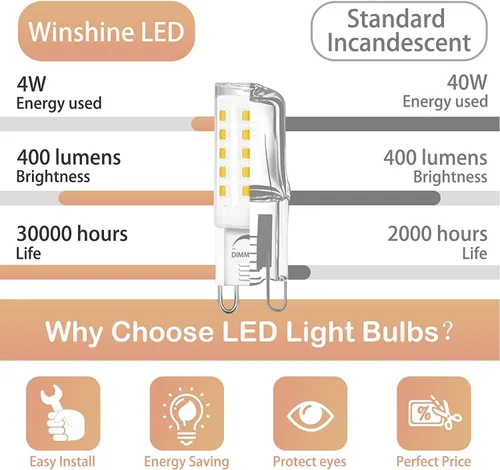 Miniatura 4 de Winshine - Bombilla LED G9 regulable de 4 W (equivalente a bombilla halógena de 40 W) de 4000 K, luz natural diurna, bombillas T4 G9 de candelabro