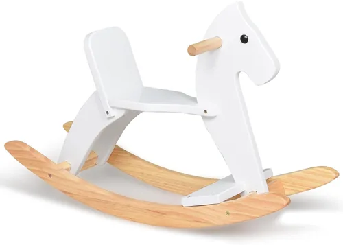 Caballo mecedor de madera para bebé, juguete para niños pequeños, diseño clásico de madera maciza con pedal cómodo y respaldo seguro, regalo ideal