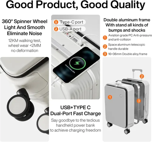 Miniatura 5 de mixi Equipaje PC Hardside Rolling Maleta con rueda giratoria TSA Lock con soporte para teléfono taza, Blanco ahumado.