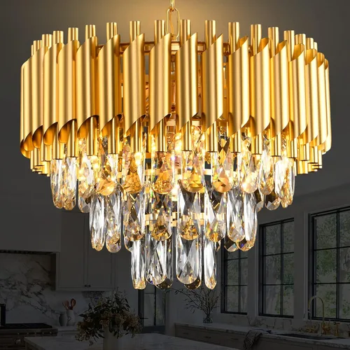Miniatura 15 de Candelabro de cristal moderno dorado de 5 niveles para sala de estar, lámpara de araña grande de cristal negro, lámpara colgante de techo