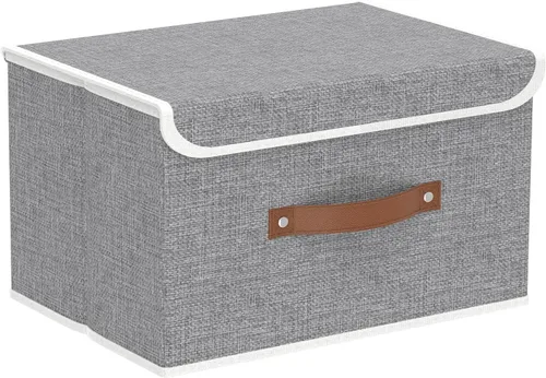 Miniatura 22 de Yawinhe SNK024BEN-1 Cajas de almacenamiento plegables, cestas apilables de tela de lino, contenedor con tapa y asa de cuero, lavable, para el hogar