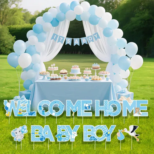Miniatura 7 de Letrero de bienvenida para bebé niño con estacas, letrero azul de bienvenida para el patio del bebé, letrero de bienvenida con texto en inglés "It's