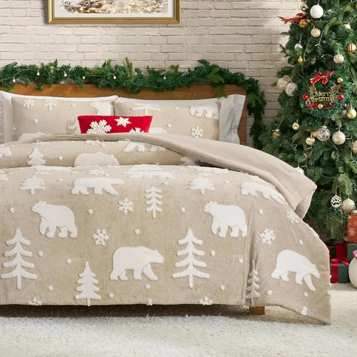 Amélie Home Juego de edredón de Navidad tamaño Queen, juego de ropa de cama de Navidad esponjoso con oso polar, edredón de felpa de forro polar