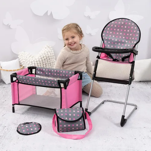 Miniatura 2 de Bayer Set de Trona/Cuna para Muñecas, Gris, Rosa con Puntos