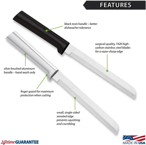 Miniatura 2 de Rada Cuchillo de pan para cubiertos con hoja dentada con resina de acero inoxidable, fabricado en los Estados Unidos, paquete de 1, mango negro