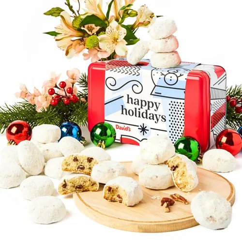 David's Cookies Happy Holidays Galletas Mantecosas de Nuez Pecana que se Derriten en la Boca en Lata de Muestra Dulce – Galletas Suaves y Mantecosas