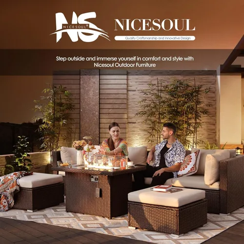 Miniatura 8 de NICESOUL Mesa de Hoguera de Mimbre para Exteriores de Gas Natural/Propano, Mesa de Hoguera Rectangular de 43'' para Exteriores, Mesas de Chimenea