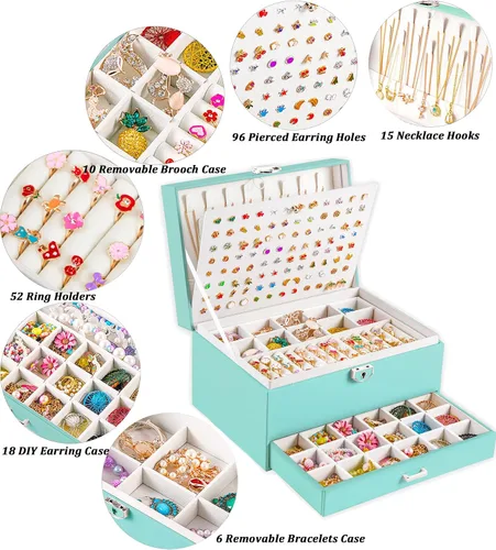 Miniatura 128 de Joyero de pendientes para mujeres y niñas, organizador de aretes de 5 capas, caja organizadora de joyas blanca con candado, collares y aretes