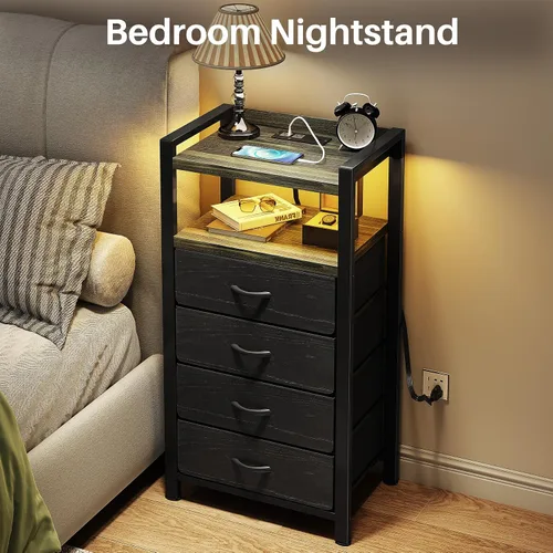 Miniatura 6 de Kitstorack Mesita de noche con estación de carga y luz LED, mesita de noche negra con cajones, mesita de noche alta, 4 cajones de tela