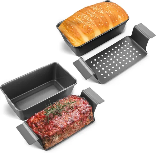 Miniatura 8 de HONGBAKE Sartén para pastel de carne con bandeja de drenaje, moldes para pan de 9 x 5 con inserto, pan de carne antiadherente para hornear, reduce