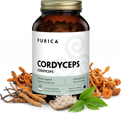 PURICA Cordyceps - Suplementos de hongos, 120 cápsulas veganas, suministro de 30 días, apoya la energía, vitalidad, bienestar respiratorio, cuidado