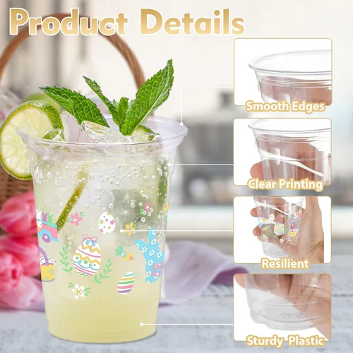 Miniatura 3 de 100 vasos de plástico con diseño de conejo de Pascua, vasos desechables transparentes de 12 onzas para Pascua, primavera, fiestas de cumpleaños