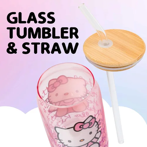 Miniatura 4 de Silver Buffalo Sanrio - Vaso de vidrio rosa con tapa de bambú y sorbete de vidrio de Hello Kitty, 16 onzas Hello Kitty Agitando