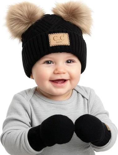 Miniatura 18 de Funky Junque Conjunto de gorro y mitones con doble pompón de pelo sintético para bebé – Gorro de invierno para recién nacidos de 0–9 meses