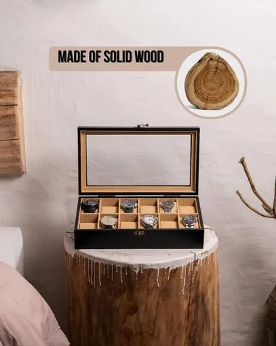 Miniatura 6 de Exper City Caja de reloj, caja de reloj para hombres y mujeres con tapa de vidrio grande, caja de almacenamiento de madera con 12 ranuras