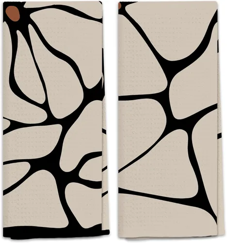 Juego de 2 toallas de cocina retro boho floral, toallas de mano beige y negro para baño, toallas de cocina botánicas, decoración de cocina,