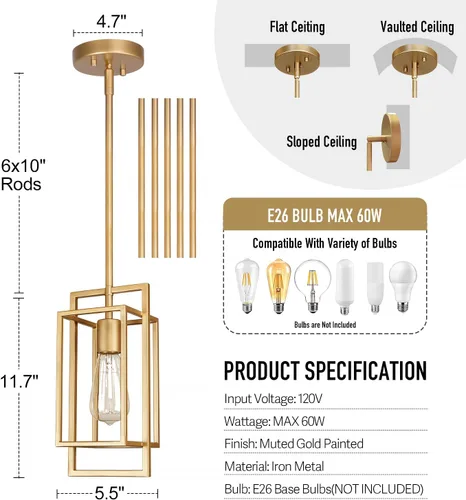 Miniatura 4 de Lámpara colgante dorada silenciada con jaula geométrica de metal, mini lámpara industrial de 1 luz para isla de cocina, cafetería, comedor Dorado