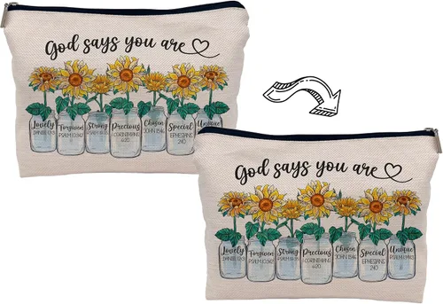 Miniatura 3 de Regalos inspiradores de girasoles con texto en inglés "God says you are alenting", bolsa de maquillaje, bolsa de cosméticos, bolsa con cremallera