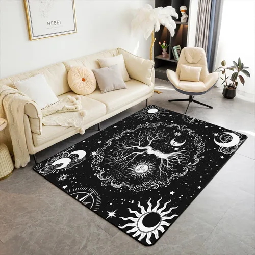 Erosebridal Alfombra de área con diseño de árbol de la vida, 3 x 5, hippie, sol y luna, decoración de astrología en blanco y negro, antideslizante,