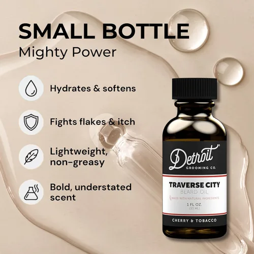 Miniatura 3 de Detroit Grooming Co. Aceite para barba Fórmula hidratante y nutritiva con vitamina E Cereza y tabaco • Traverse City (1 oz)