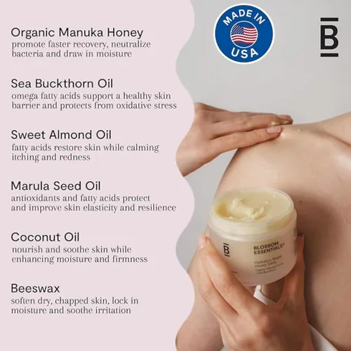 Miniatura 5 de Blossom Essentials Crema de miel, reparación de hidratación para piel seca y con picazón, alivio de eccema y psoriasis para pieles sensibles, miel