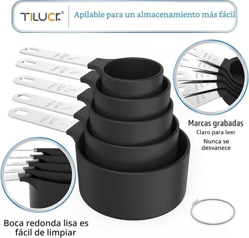 Miniatura 4 de TILUCK Juego de tazas y cucharas medidoras, tazas y cucharas apilables, tazas medidoras anidables con mango de acero inoxidable, accesorios de Negro