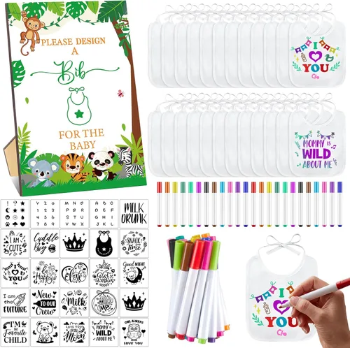 Miniatura 13 de Panitay Kit de decoración de 100 baberos para bebé, 50 baberos blancos, 25 plantillas, 24 marcadores de tela, 1 letrero de juego para baby shower