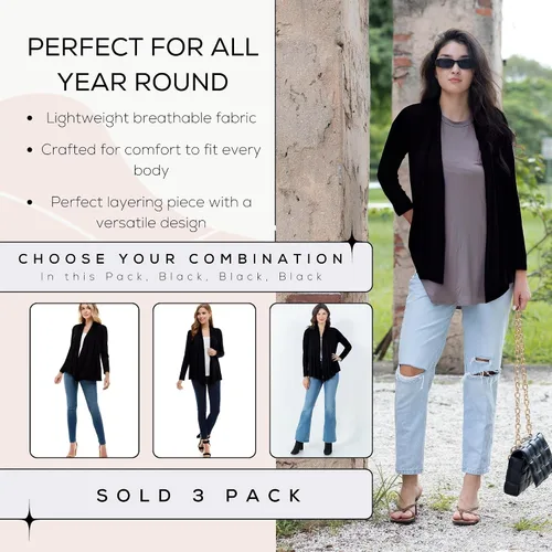 Miniatura 4 de Azules 3-Pack Women's Long Sleeve Open Front Cardigan - Lightweight Rayon Sweater, Soft Flowy Layer for Casual
