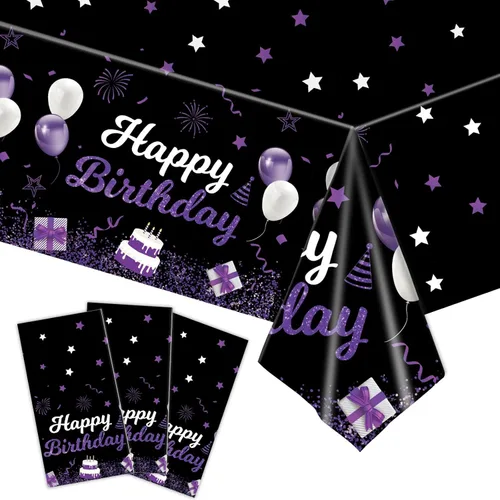 Miniatura 7 de MRJ Black Party Supplies - Paquete de 3 manteles de feliz cumpleaños con estrellas rosas y negras, decoraciones perfectas para fiestas de cumpleaños
