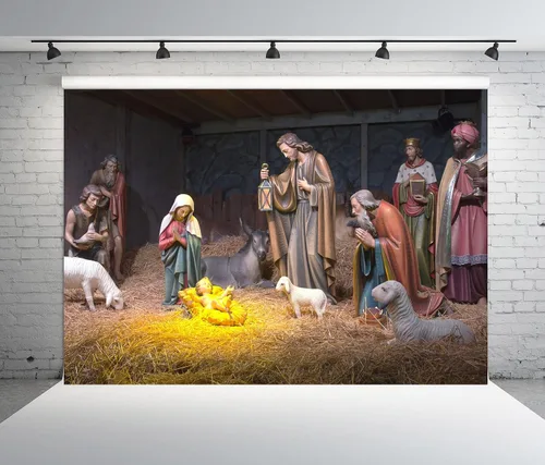 Miniatura 2 de BELECO Tela de Poliéster 5x3 pies Telón de Fondo de Fotografía de Escena de Natividad Navideña Escena del Pesebre Navideño Fondo Fotográfico
