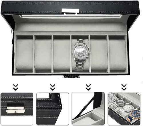 Miniatura 3 de NovelBee Cajas de reloj con 6 ranuras, vitrina rectangular para relojes con tapa de vidrio y almohadas extraíbles para hombres y mujeres