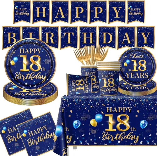 Miniatura 13 de Decoración de cumpleaños número 16 para hombres - Juego de 142 piezas de vajilla azul marino y dorada para cumpleaños (sirve para 20) Incluye