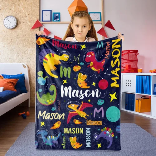 Miniatura 4 de Manta personalizada de dinosaurio para niños, manta con nombre personalizado para niños Dino Outspace, manta de dinosaurio de franela suave