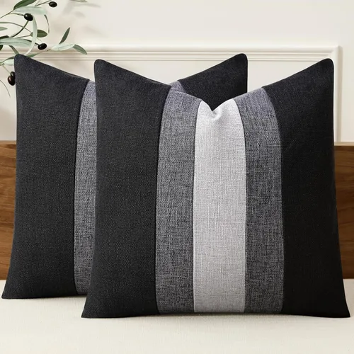 Miniatura 12 de Adabana Juego de 2 fundas de almohadón de lino decorativas con diseño de patchwork cuadrado para sofá, cama, sala de estar, estilo granja, 18 x 18
