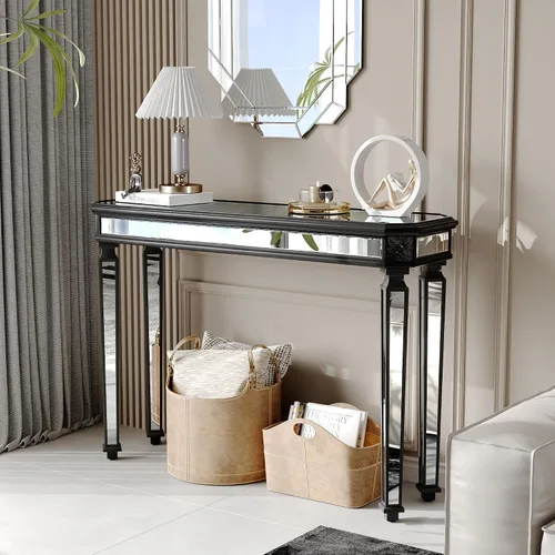 Miniatura 8 de Mesa Consola Negra con Espejo, Mesa de Sofá de Cristal Rectangular de 48 pulgadas con Elementos Tallados Vintage con Espejo, Muebles de Espejo