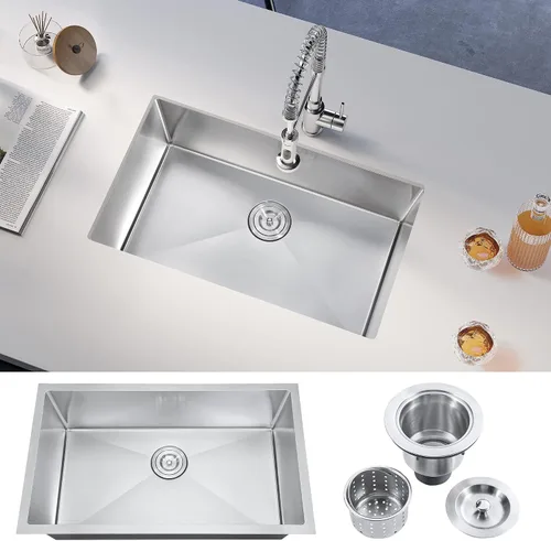 ATTOP Fregadero de cocina de un solo tazón de 32 pulgadas, fregadero de tazón individual de montaje inferior grande de acero inoxidable con