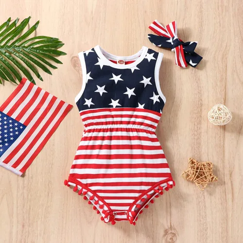 Miniatura 2 de LUZOZEZO Mameluco de borla con bandera americana para bebé niña pequeña con diadema
