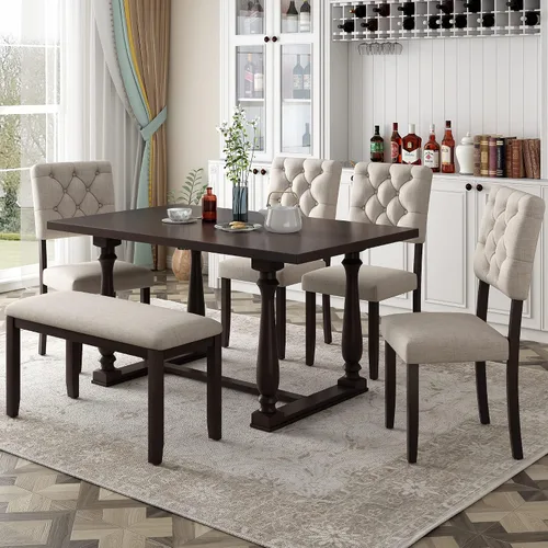 Miniatura 18 de Juego de mesa de comedor de madera de 6 piezas, juego de mesa de cocina con rectangular, juego de mesa de comedor con banco tapizado y 4 sillas