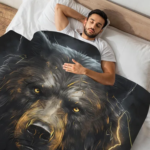Miniatura 5 de Huke Manta de regalo de oso, manta de oso rayo de fuego negro y dorado, regalos de oso para adultos/niños/estudiantes, manta con estampado