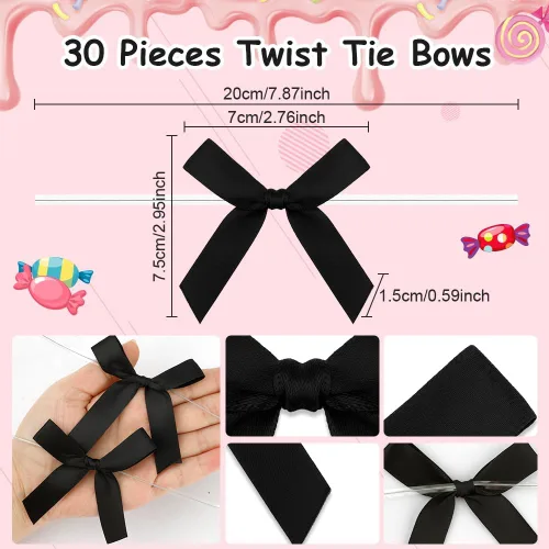 Miniatura 3 de Mini lazos negros para envoltura de regalos, 30 piezas de lazo negro para bolsas de golosinas, lazos pequeños de cinta de satén para Halloween