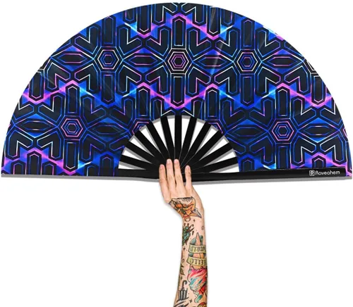 Miniatura 13 de Ventilador plegable grande, ventilador Clack Rave de 13 pulgadas, ventilador de mano para mujeres y hombres con tela de satén de alta calidad, marco