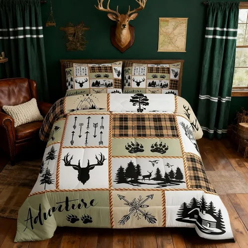 Miniatura 217 de Juego de edredón de cuernos de ciervo tamaño individual, juego de ropa de cama rústica de granja con huellas de oso y pinos para decoración