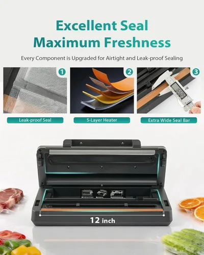 Miniatura 5 de Sellador al vacío de doble bomba para almacenamiento de alimentos y vacío vacío, bloqueo de mango, doble sellado térmico de 0.197 in de ancho